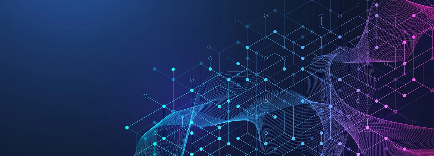 Ein abstraktes Banner mit einem dunklen Hintergrund, auf dem leuchtende blaue Linien, Sechsecke und Wellenformen ein komplexes, digitales Datennetzwerk darstellen.
